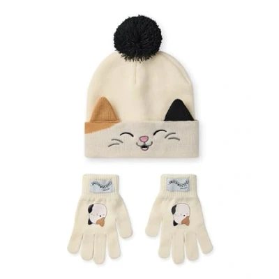 Image of Squishmallows Beanie Hat &amp; Gloves Set Childrens Knitted Winter with Cam The Cat Character in Beige Kids One Size Cold Weather Pom Poms Plush Toy Merchandise Gift