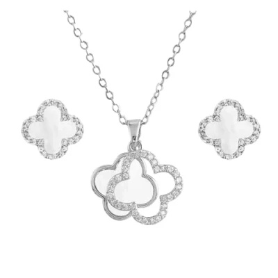 Image of Hanaoops Four Leaf Clover Jewellery Set for Women Girls Gold Silver Stainless Steel Black Pendant Necklace Stud Earrings (White Silver)