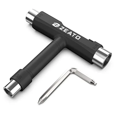 Image of Zeato All in One Skate Tools Multi Function Portable Skateboard T Tool Accessory with Type Allen Key and L Phillips Head Wrench Screwdriver Black