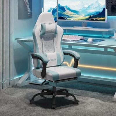 Image of WOLTU Gaming Chair with Pocket Spring Cushion, Massage Ergonomic Office Chair, Wide Padded Swivel Computer Lumbar Pillow Footrest, 150kg Load, Mesh Fabric, White+Blue, GS15bws