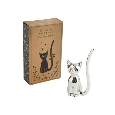 Image of Cat Jewellery Ring Holder, Metal Silver Finish Organiser Stand Boxed