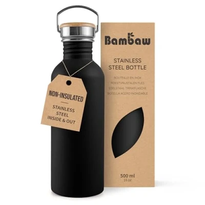 Image of Bambaw Stainless Steel Water Bottle 500ml, Black Bottle, Non Insulated Metal BPA Free Leakproof Camping Jet