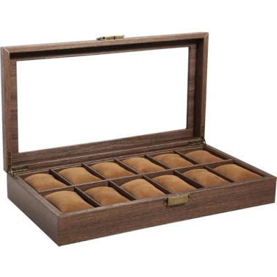 Image of Uten Watch Box with 12 Slots, Case Real Glass Lid, Wood Grain PU Leather Display Storage Removable Imitation Suede Pillows, Metal Clasp, Gift for Men and Women