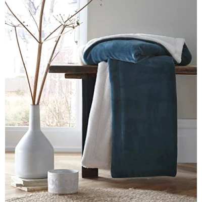 Image of Portfolio Sherpa Faux Fur Legion Blue Throw Blanket 130CM X 170CM Easy Care Royal Ocean Super Soft Throws for Sofa or Bed Machine Washable Tumble Dry Warm Couch