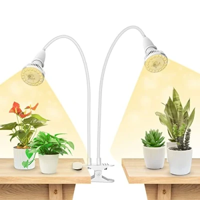 Image of SANSI 300W LED Grow Lights for Indoor Plants with Lifetime Free E27 Bulb Replacement, Full Spectrum Doule Gooseneck Clip Plant Lamp Optical Lens Seedlings Growing White