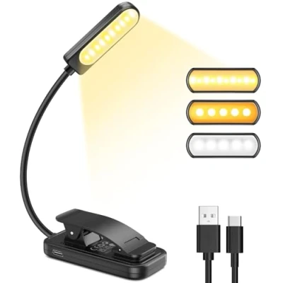Image of GARITE Book Light, 10 LED Dimmable Reading Light Clip on Book, Long Life Battery, Rechargeable with 3 Brightness Modes (Warm&amp;White&amp;Mixed) for Reading, Bedside, Travel, Tablet