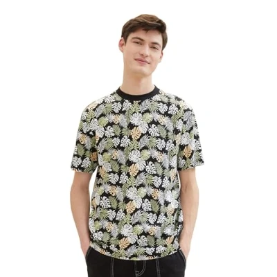 Image of TOM TAILOR Denim Men&#039;s 1040862 T Shirt, 34828 Black Multicolor Leaves Print, XS