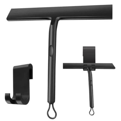 Image of Silicone Shower Squeegee with Hook, Black Window Glass Scraper Cleaner, Wiper Mirror Screen for Bathroom Wipe Car Door Cleaning