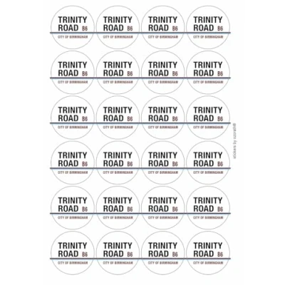 Image of Trinity Road B6 Birmingham Sign Circular Matt Paper Stickers A4 Sheet of 24 (Each Sticker is 45mm Diameter)