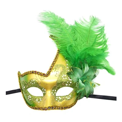 Image of Coolwife Costume Mask Feather Masquerade Halloween Mardi Gras Cosplay Party Masque (Gold Green)