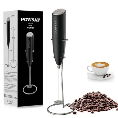 Image of Milk frother Handheld for Coffee with Stand POWSAF Hand Wand, Electric Whisk Drink Mixer Mini Foamer Cappuccino, Frappe, Matcha, Hot Chocolate, Silver/Black