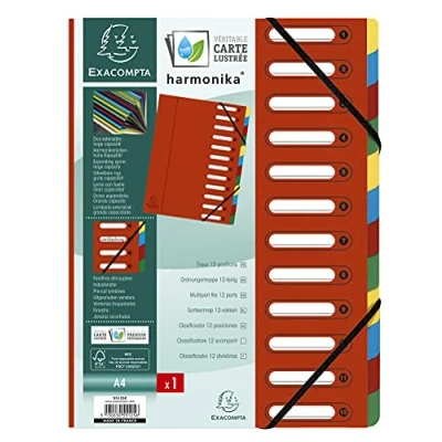 Image of Exacompta Ref 55125E Harmonika Multipart File 24.5 x 32cm in Size, Suitable for A4 Documents, 12 Multi Coloured Tabbed Sections, Premium Pressboard Cover Red
