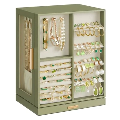 Image of SONGMICS Jewellery Box 360 Rotating, Organiser with 5 Drawers, Display Case, Glass Window, Spacious, Vertical Storage, Open Design, Great Gift, Laurel Green JBC170C02