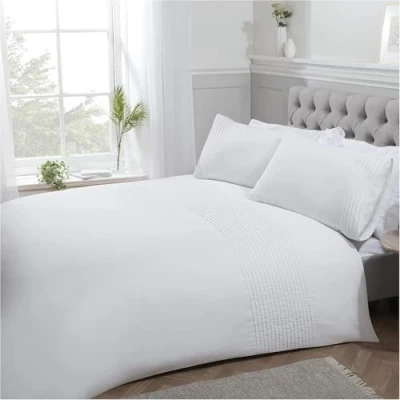 Image of Sleepdown Pintuck Pleated Striped Panel White Luxury Easy Care Soft Cosy Duvet Cover Quilt Bedding Set with Pillowcases Super King (220cm x 260cm)