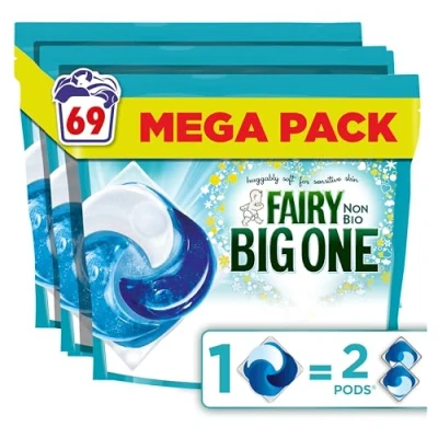 Image of Fairy Non Bio The Big One PODS, Washing Liquid Laundry Detergent Capasules, 23 x 3 Washes, 2X Stain Removal, Huggably Soft For Sensitive Skin