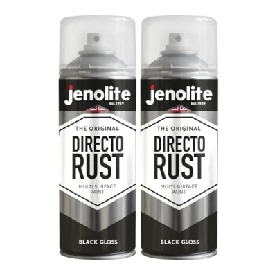 Image of JENOLITE Directorust Gloss Spray Paint BLACK 2 x 400ml Direct To Rust For Metal Multi Surface Wood, Metal, Plastic, Ceramic RAL 9005