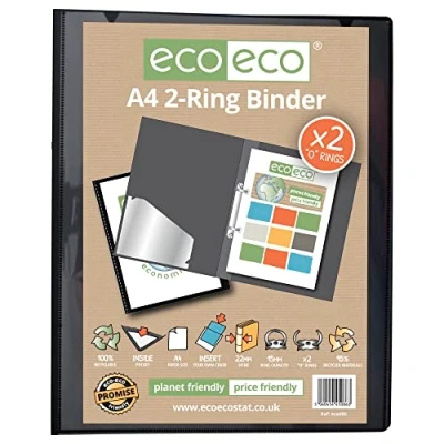 Image of eco A4 95% Recycled Presentation 22mm Spine 2 Ring Binder Black, eco086