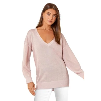 Image of Roman Originals V Neck Jumper for Women UK Ladies Boyfriend Fit Slouch Sweater Winter Autumn Textured Casual Flattering Knit Pullover Knitwear Daywear Lightweight Lounge Plain Light Pink Size 16