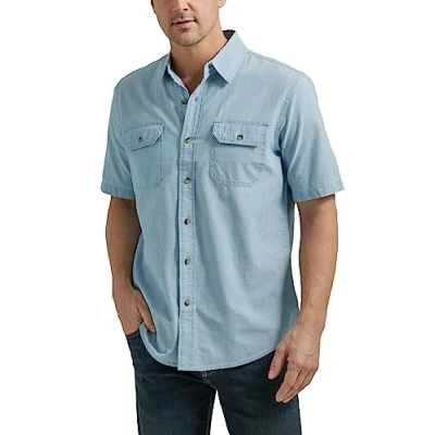 Image of Wrangler Authentics Men&#039;s Short Sleeve Classic Woven Shirt, Light Chambray, XXL