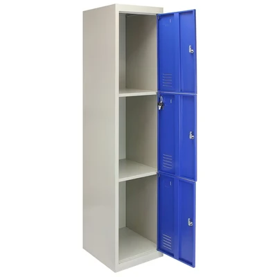 Image of Monster Shop Locker Lockable Storage Metal Filing 3 Door Cabinet Flat Packed Blue Grey Gym School Work Changing Rail Unit Furniture Staff Steel