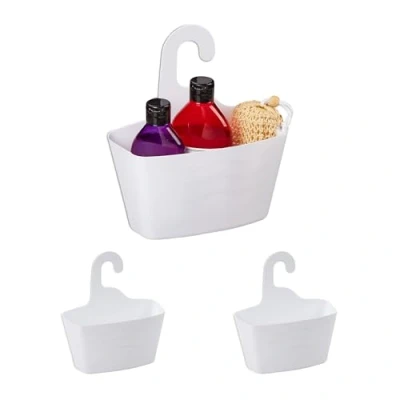 Image of Relaxdays Set of 3 Shower Basket for Hanging, No Drilling, Plastic, Bathroom Caddy, Shelf Shampoo, Gel, Organiser, White, 25 x 23 10 cm