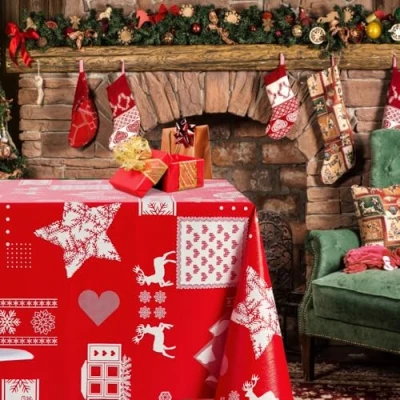 Image of KP HOME Red PVC Table Cloth Wipe Clean Tablecloth Scandi Style Christmas Plastic Cover Rectangular 200x140 6 Seat Waterproof and Wipeable Oilcloth with Reindeers 200 x 140 Vinyl