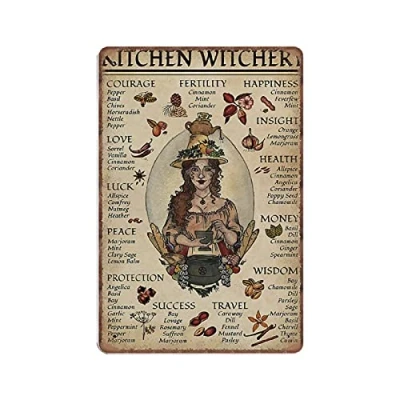 Image of Dreacoss Kitchen Witchery Tin Signs, Witches Magic Knowledge Lover Gift Retro Funny Metal Sign Vintage Poster Wall Art for Garden Bathroom Farm Home Coffee Decor Sign, 8x12 inches