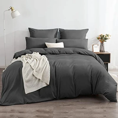 Image of Soifox Bed Linen 200 x 220 cm, Anthracite, Soft and Comfortable, Non Iron Wrinkle , Duvet Cover cm with 80 Pillowcase Set of 2 Winter Zip
