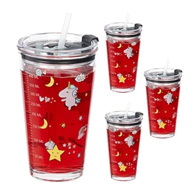 Image of Relaxdays 4x Children&#039;s Cups, Unicorn Motif, Drinking Glass for Kids, with Handle, Lid &amp; Straw, 450ml Scale, Transparent