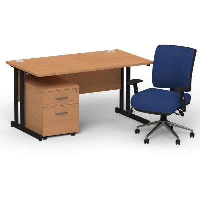 Image of Impulse 1400 Black Cant Desk Oak + 2 Dr Mobile Ped &amp; Chiro Blue