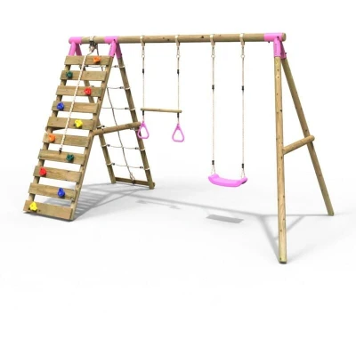 Image of Rebo® Wooden Swing Set with Up and Over Climbing Wall Savannah Pink OutdoorToys Knotted Rope, Trapeze Bar, Sturdy Construction, Pressure Treated Timber