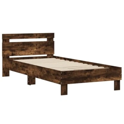 Image of vidaXL Smoked Oak Bed Frame with Headboard Sturdy Engineered Wood Construction, Plywood Support Slats for Bedroom Comfort 90x200 cm