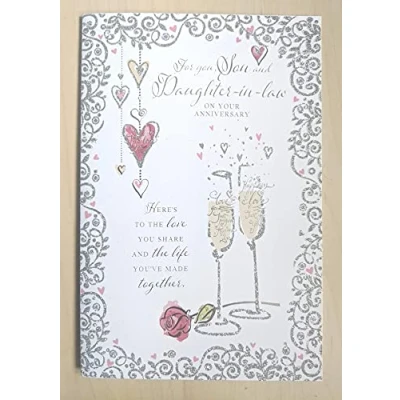 Image of Son &amp; Daughter In Law Anniversary Card Champagne Glass Verse 23cm x 15.5cm (9&quot;x6&quot;) 78