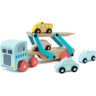 Image of Owl &amp; Fox Wooden Toy Car Transporter Includes Lorry, Trailer, and 4 Cars, Inspires Imaginative Play Storytelling, Supports Social Skills, Made from FSC Certified Wood, Suitable for Ages 3+
