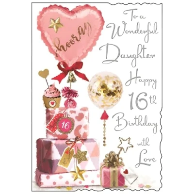 Image of Daughter 16th Birthday Card Wonderful Age 16 Special Finishes and Illustrated Insert Leaf Artistic Feminine Design Party Balloons Made in the UK