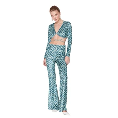 Image of Trendyol Women Striped Knit Blouse Pants Two Piece Set Green