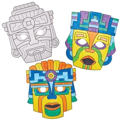 Image of Baker Ross FN021 Aztec Colour in Masks Pack of 8, Educational Arts and Crafts Kits, Learning Resources