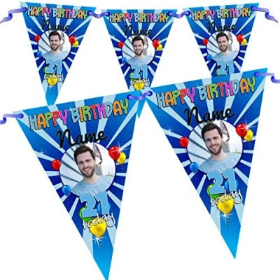 Image of Personalised Happy Birthday Party PHOTO Flag Banner Bunting Blue Blast N89 10 Flags inc ribbon 16th 18th 21st 30th 40th 50th ANY AGE!