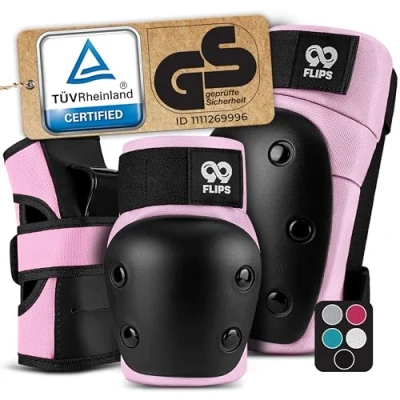 Image of 99FLIPS Skate pads adult knee and Elbow incl. Wrist Guards for Skateboard, Scooter Inline skating Size M in Pink skateboard
