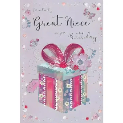 Image of Great Niece Birthday Card Lovely Butterflies and Love Hearts Contemporary Floral Design Special Finish Illustrated Insert Leaf Made in the UK Eco Friendly
