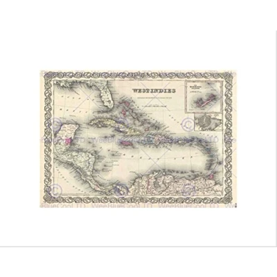 Image of Wee Blue Coo 1855 Colton Map The West Indies Vintage Picture Wall Art Print