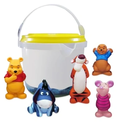 Image of Disney Store Official Winnie the Pooh Bath Toy Set, 5 Pc., Kids Water Set Includes Pooh, Eeyore, Piglet, Roo and Tigger in Useful Plastic Container Suitable for Ages 3+