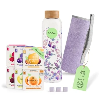 Image of waterdrop® Starter Set 600ml Borosilicate Glass Bottle BPA Free Bamboo Lid Microdrink Hydration Cubes Water Flavouring with Vitamins Sugar 18 Variety Drops