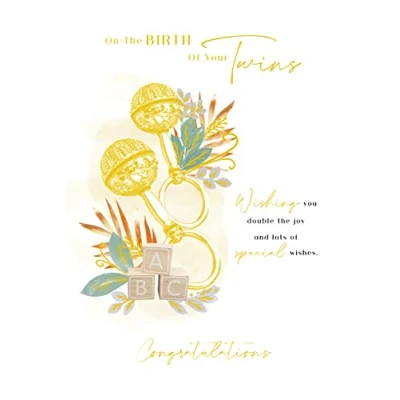 Image of Birth Baby Twins Card Rattle Blocks Foil Finish New Lovely Verse