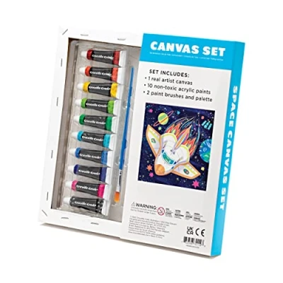 Image of Crocodile Creek Space Canvas Painting Set for Kids Ages 6 Years and Up Acrylic Kit includes 10 Non Toxic Paints, 2 Paint Brushes, 1 Palette