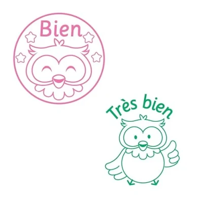 Image of French MFL Teacher Stamps (Owl Design) Tres Bien &amp; Bien. Two Stamp Set Reinkable. 22mm