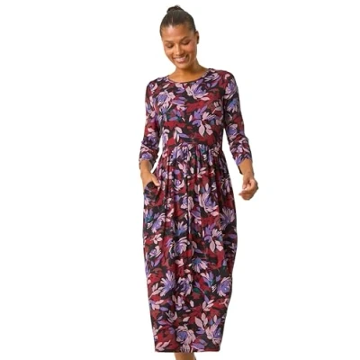 Image of Roman Originals Midi Dress with Pockets for Women UK Ladies Stretchy Jersey Maxi Long 3/4 Length Sleeve Gathered High Waist Boho Flattering Skater Swing Fit Flare Purple Red Size 10