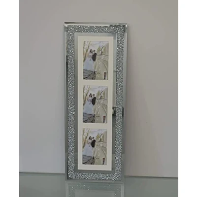 Image of Biznest Silver Diamante Crushed Crystal Photo Frame Multi Aperture Picture Vertical For 3 Photos 4X6 Inch (63Cmx24Cm)