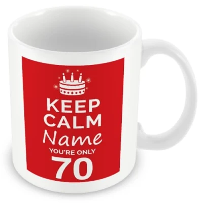 Image of 70th Birthday Gift Personalised Mug/Cup Add Name Keep Calm Design Red