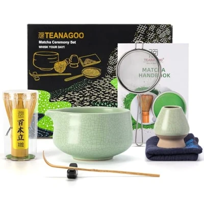 Image of TEANAGOO Matcha Whisk Set, 7 Pcs Kit for Ceremony, Tea Set Making Breakfast/Latte, Green Bowl(Chawan) Whith Spout and Whisk, Gift Lover